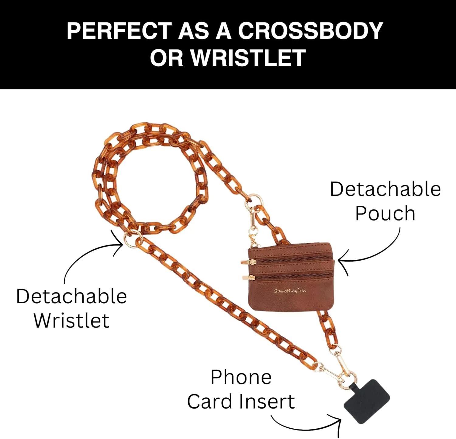 Clip and Go Phone Chain with Pouch (Ice Tea - Brown Pouch) – Stylish Phone Lanyard Crossbody with Wallet for Women, Hands-Free Carrying and Adjustable Crossbody Chain Strap