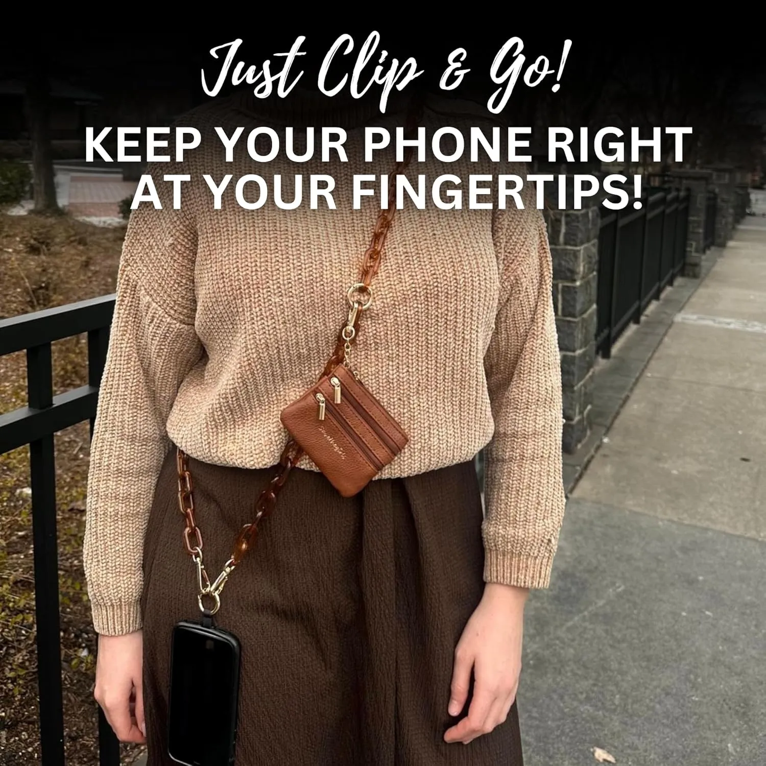 Clip and Go Phone Chain with Pouch (Ice Tea - Brown Pouch) – Stylish Phone Lanyard Crossbody with Wallet for Women, Hands-Free Carrying and Adjustable Crossbody Chain Strap