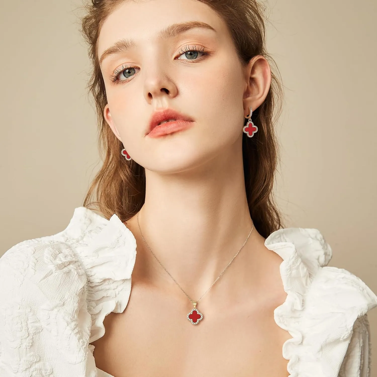 Clover Necklace and Clover Earrings Black White Green Red Pendant 18k Gold Plated Lucky Clover Jewelry Set for Women Trendy