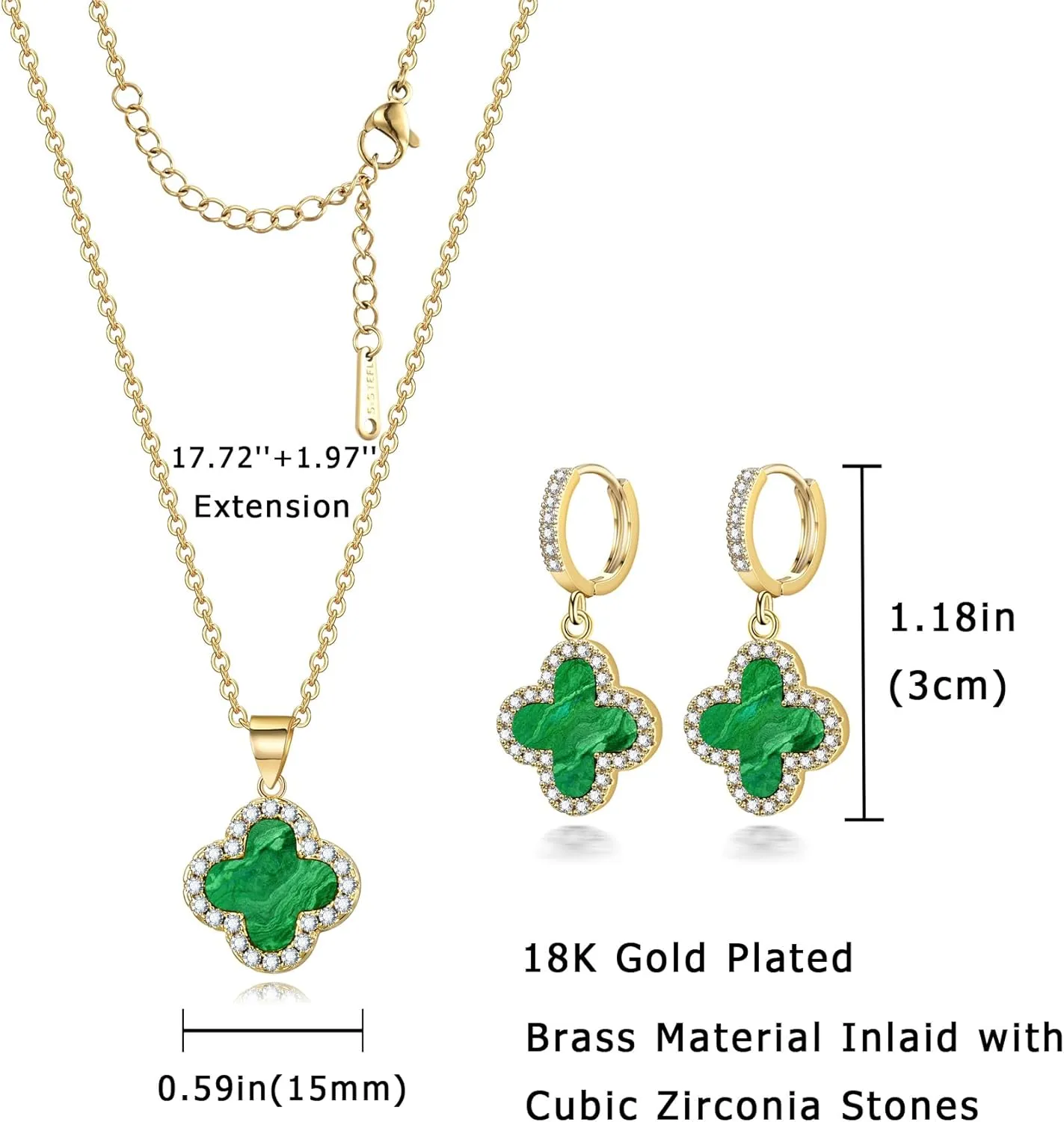 Clover Necklace and Clover Earrings Black White Green Red Pendant 18k Gold Plated Lucky Clover Jewelry Set for Women Trendy