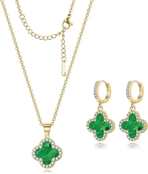Clover Necklace and Clover Earrings Black White Green Red Pendant 18k Gold Plated Lucky Clover Jewelry Set for Women Trendy