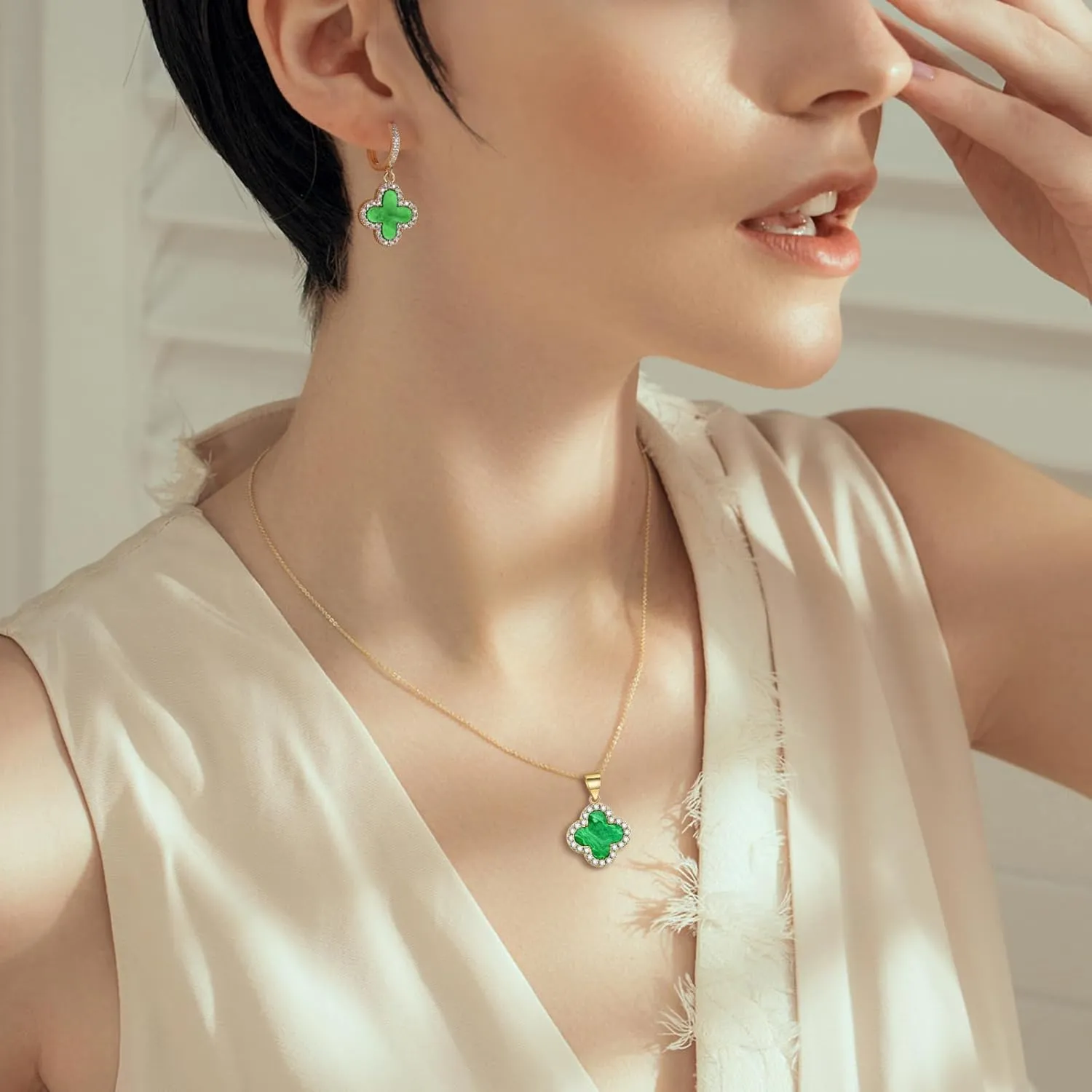 Clover Necklace and Clover Earrings Black White Green Red Pendant 18k Gold Plated Lucky Clover Jewelry Set for Women Trendy