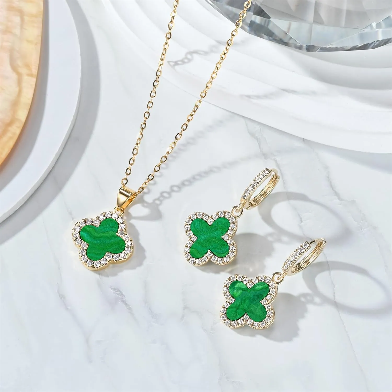 Clover Necklace and Clover Earrings Black White Green Red Pendant 18k Gold Plated Lucky Clover Jewelry Set for Women Trendy