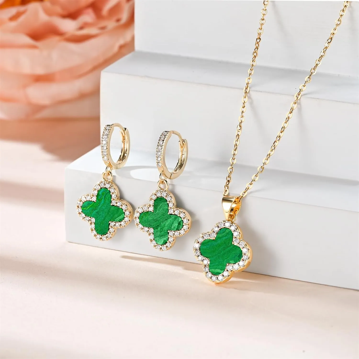 Clover Necklace and Clover Earrings Black White Green Red Pendant 18k Gold Plated Lucky Clover Jewelry Set for Women Trendy