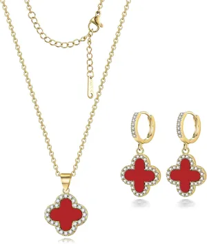 Clover Necklace and Clover Earrings Black White Green Red Pendant 18k Gold Plated Lucky Clover Jewelry Set for Women Trendy
