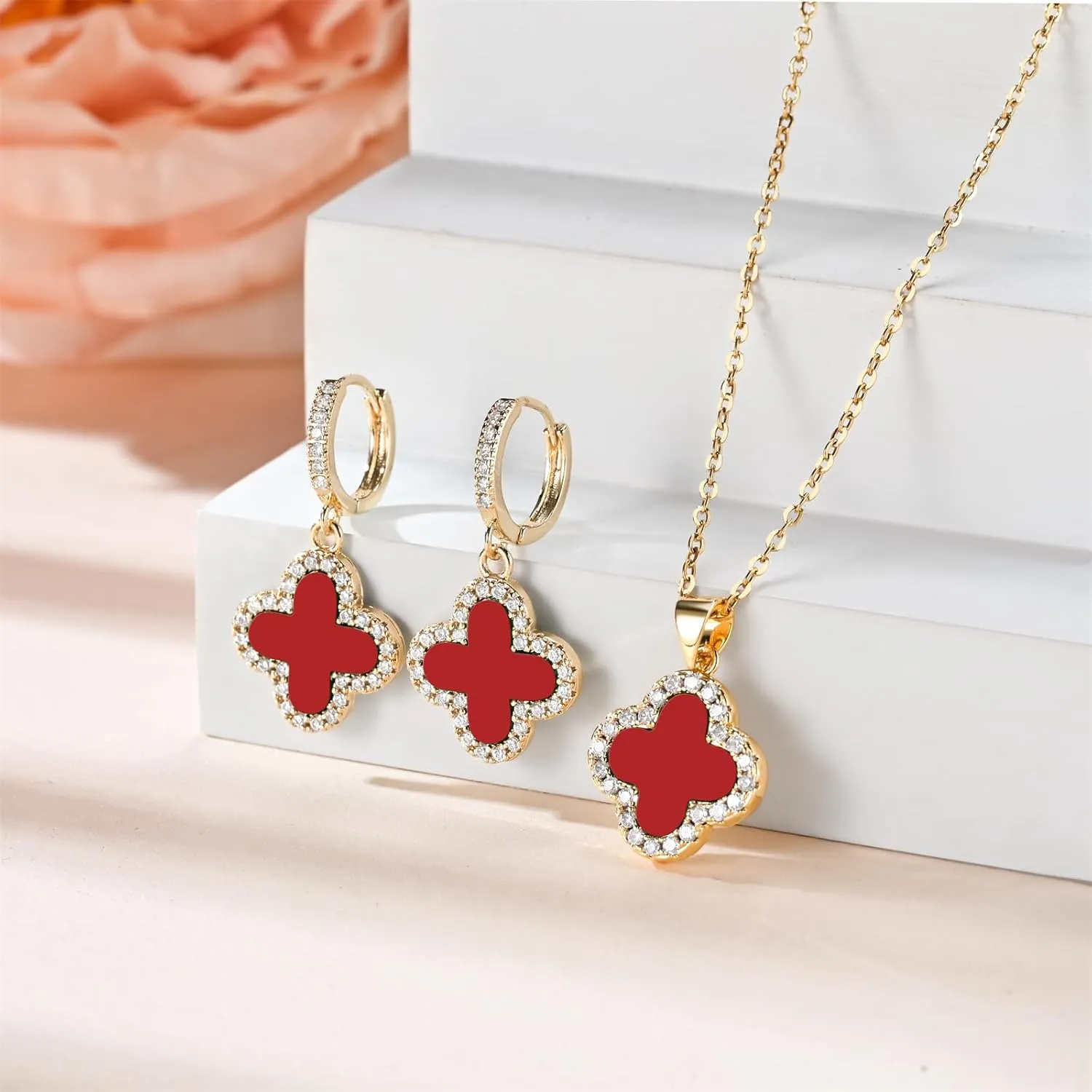Clover Necklace and Clover Earrings Black White Green Red Pendant 18k Gold Plated Lucky Clover Jewelry Set for Women Trendy
