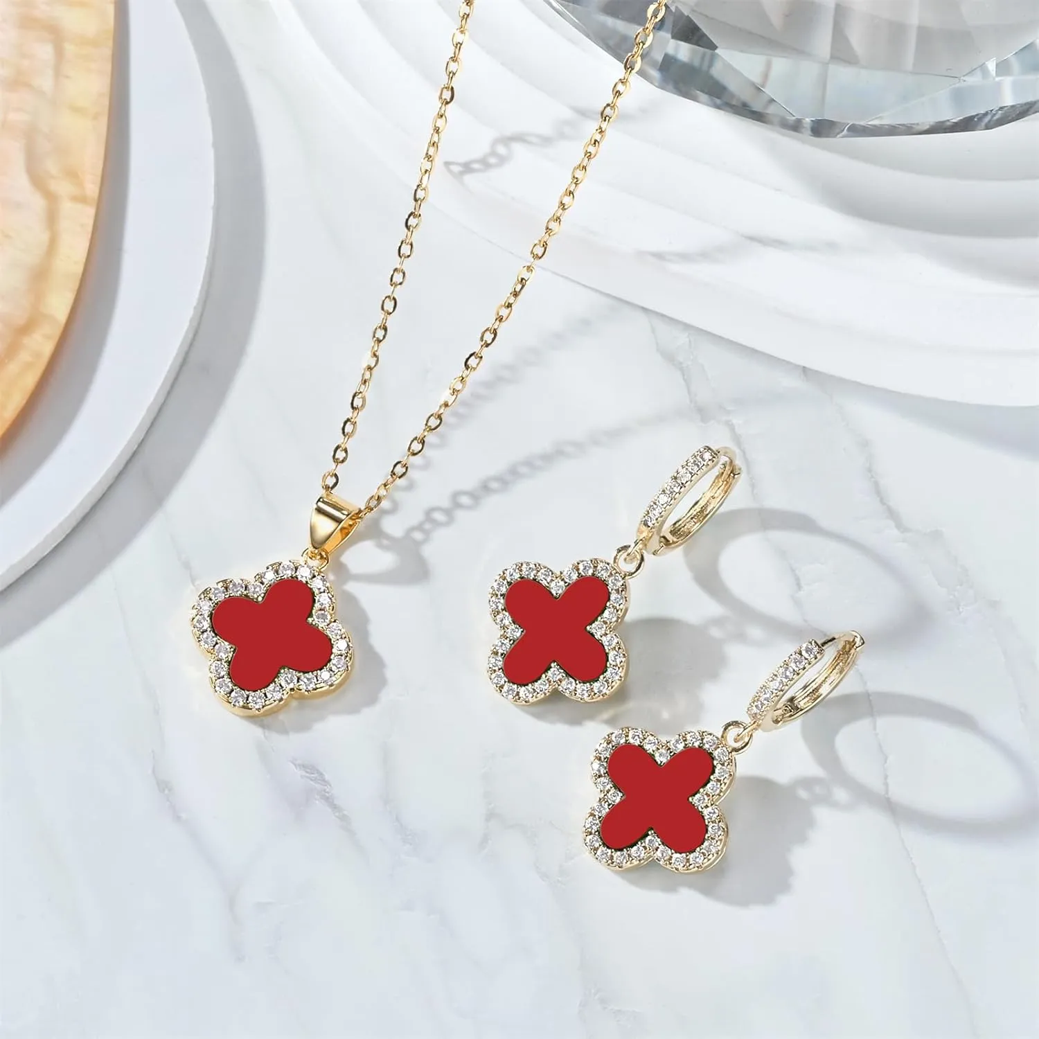 Clover Necklace and Clover Earrings Black White Green Red Pendant 18k Gold Plated Lucky Clover Jewelry Set for Women Trendy