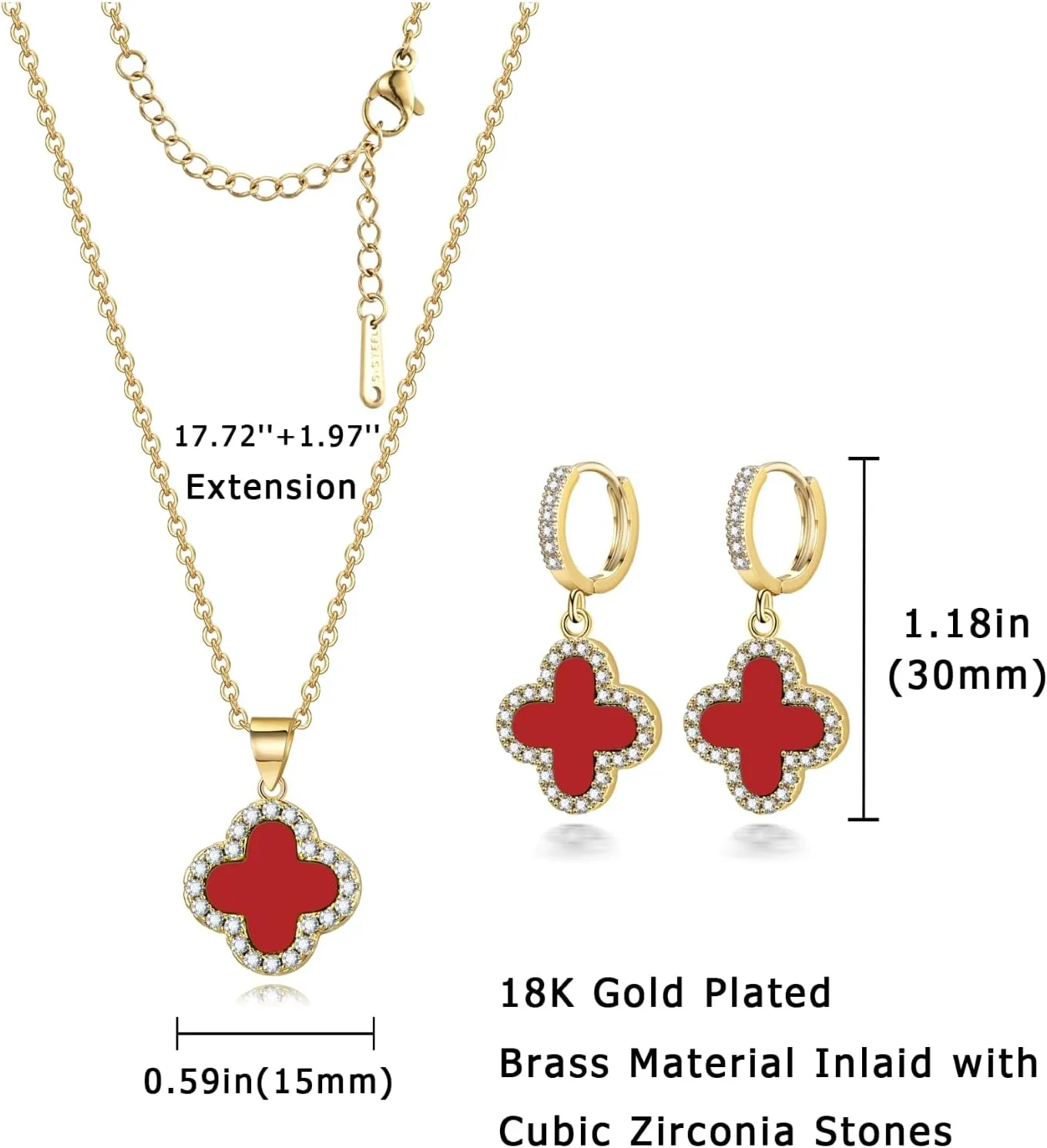 Clover Necklace and Clover Earrings Black White Green Red Pendant 18k Gold Plated Lucky Clover Jewelry Set for Women Trendy