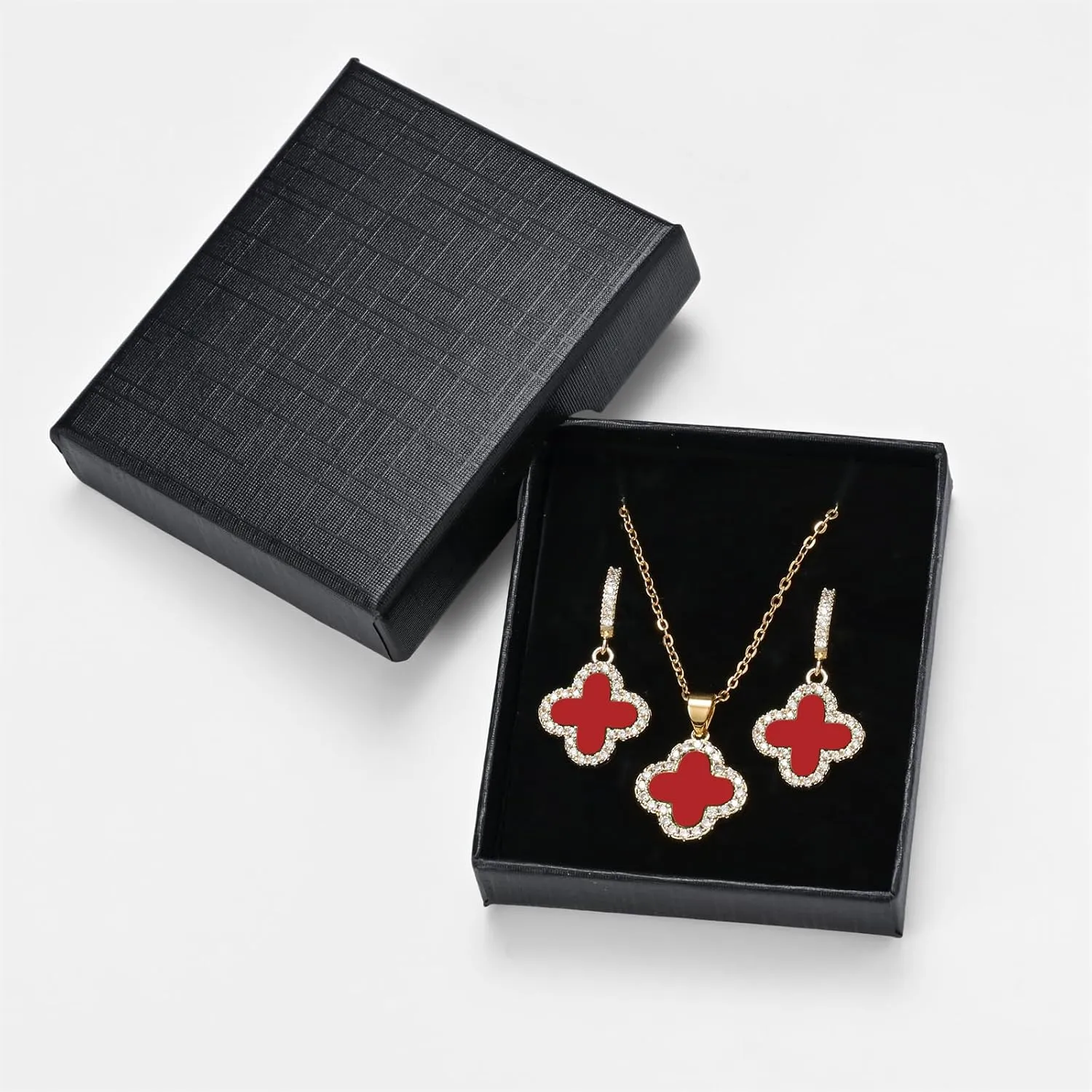 Clover Necklace and Clover Earrings Black White Green Red Pendant 18k Gold Plated Lucky Clover Jewelry Set for Women Trendy