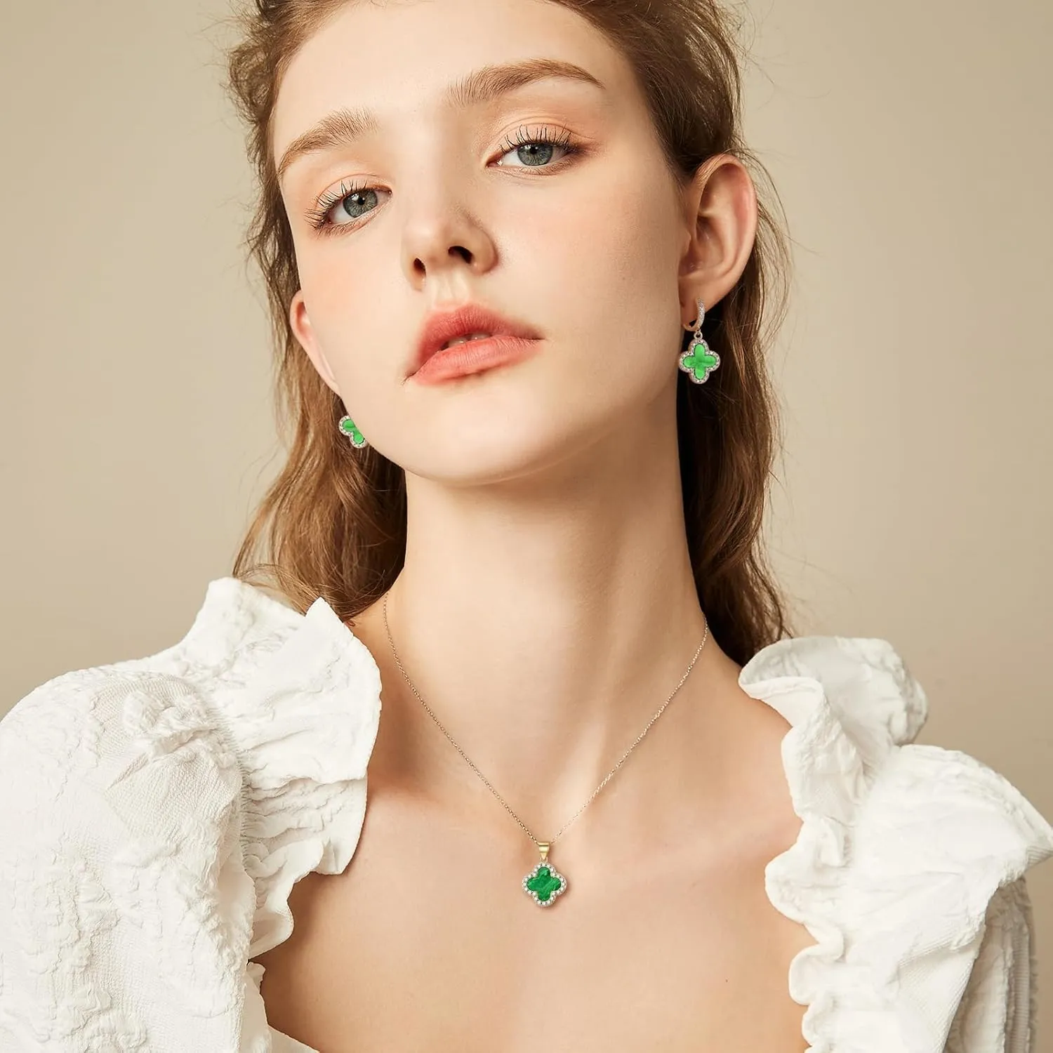 Clover Necklace and Clover Earrings Black White Green Red Pendant 18k Gold Plated Lucky Clover Jewelry Set for Women Trendy