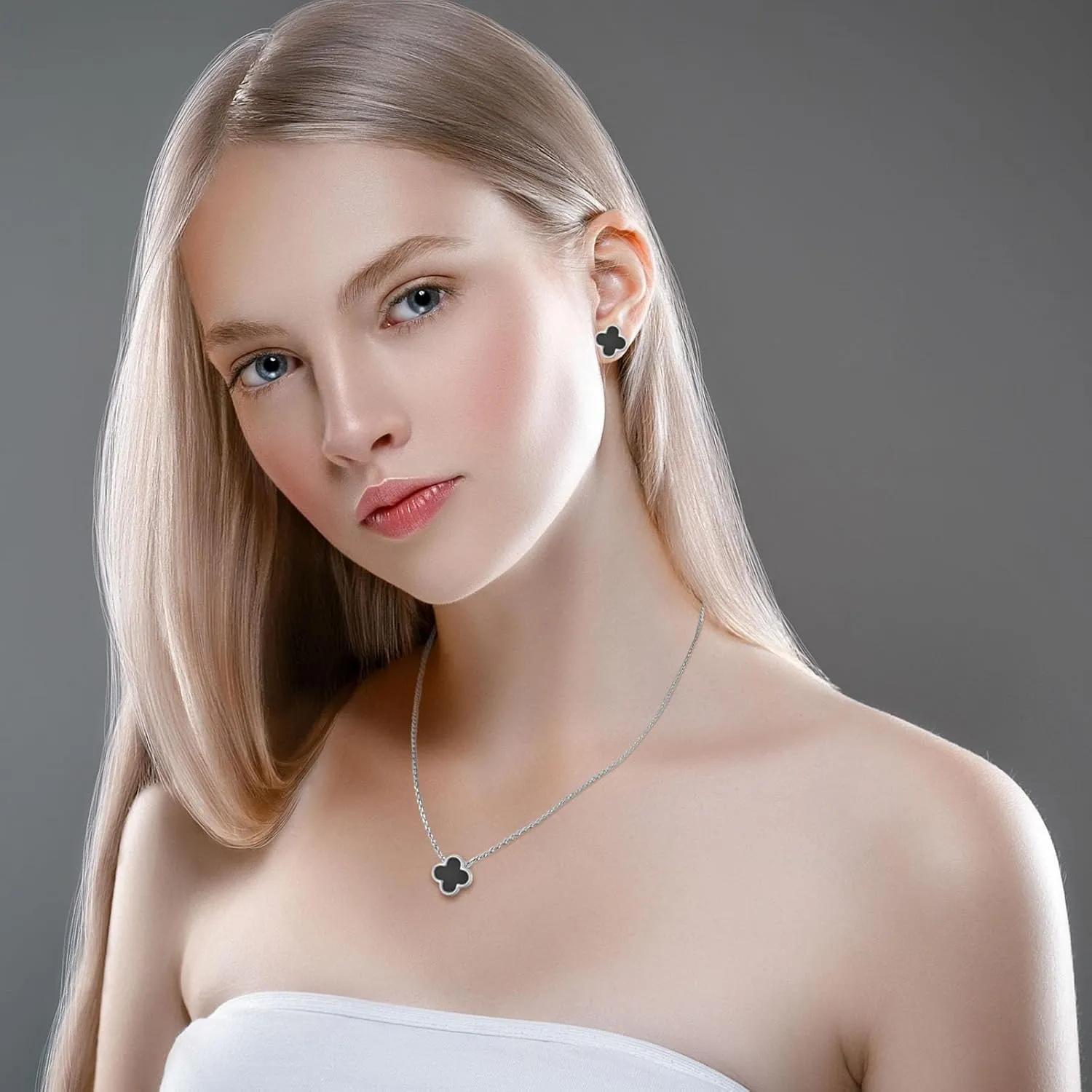 Clover Necklace and Stud Earrings Jewelry Set White Black Red Clover Pendant Necklace 18k Gold Plated Four Leaf Clover Necklace Earrings Set Gifts for Women