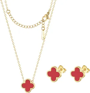Clover Necklace and Stud Earrings Jewelry Set White Black Red Clover Pendant Necklace 18k Gold Plated Four Leaf Clover Necklace Earrings Set Gifts for Women