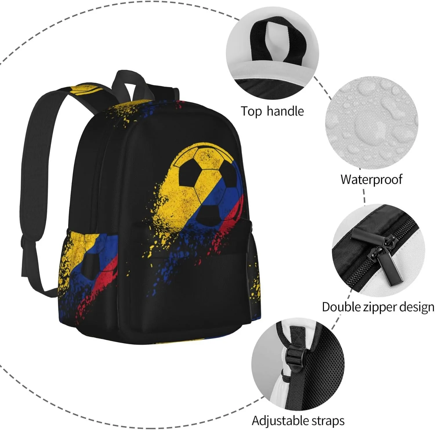 Colombia Soccer Colombian Flag Pride Soccer Player Laptop Commuter Backpack Shoulder Bag Casual Back Pack Daypack Bags With Side Pockets For Work Travel Daily Use
