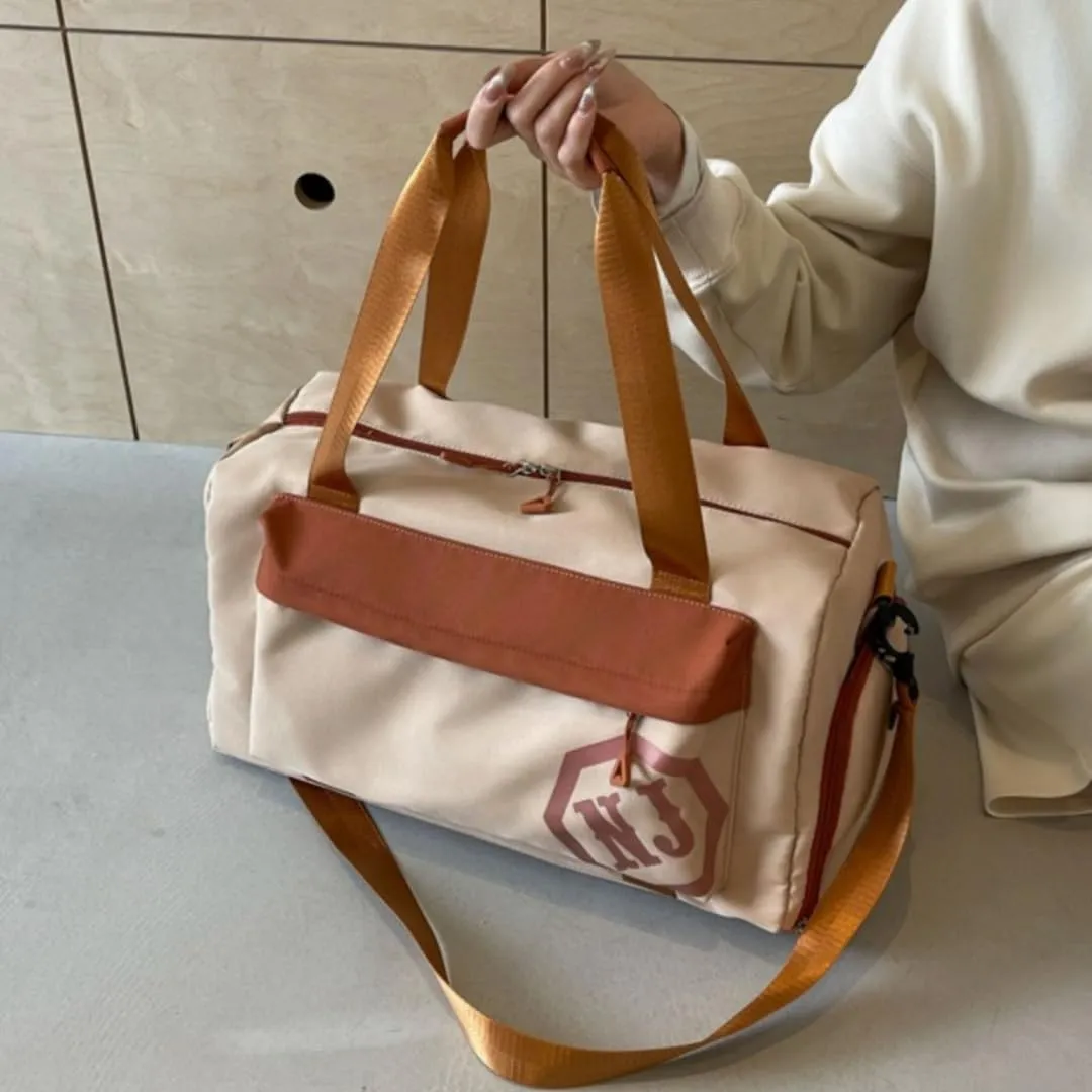Color-Blocked Short-Trip Duffel Bag for Women, Crossbody & Shoulder Bag, Sports Duffel with Large Capacity (Khaki)