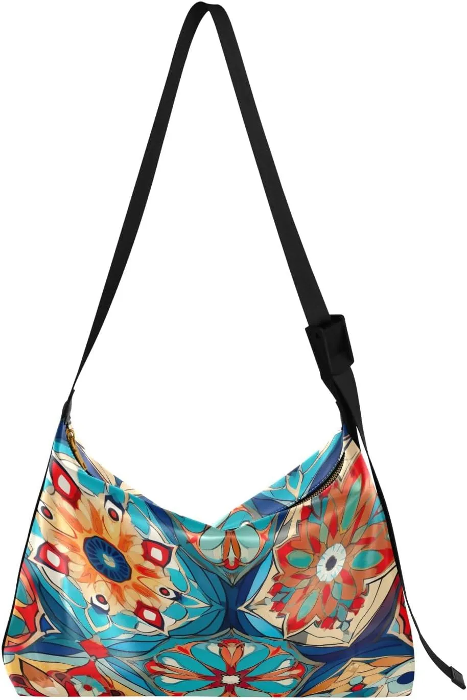 Colorful Geometrical Ornament with Stylized Large Crossbody Bag, Wide Strap Hobo Bag, Large Womens Crossbody Bag