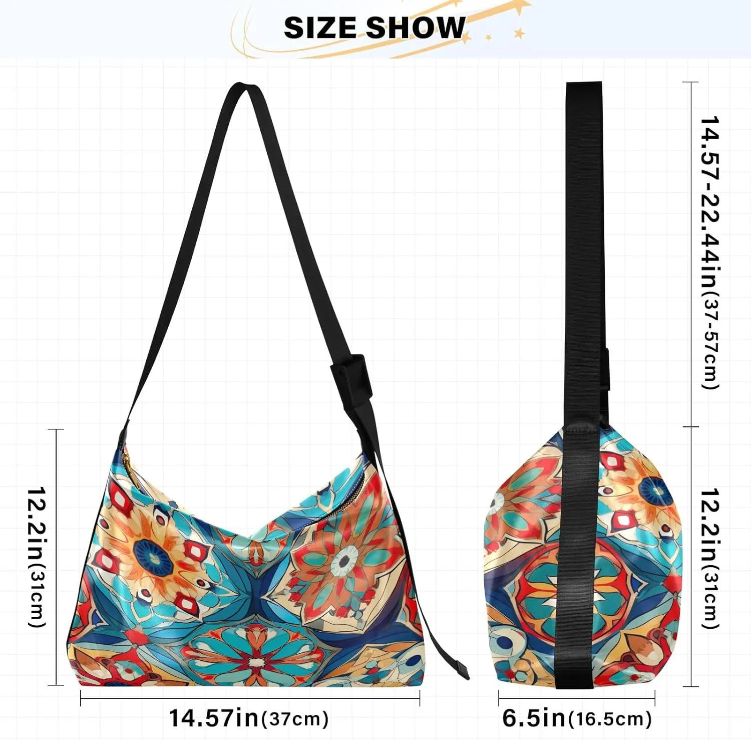 Colorful Geometrical Ornament with Stylized Large Crossbody Bag, Wide Strap Hobo Bag, Large Womens Crossbody Bag