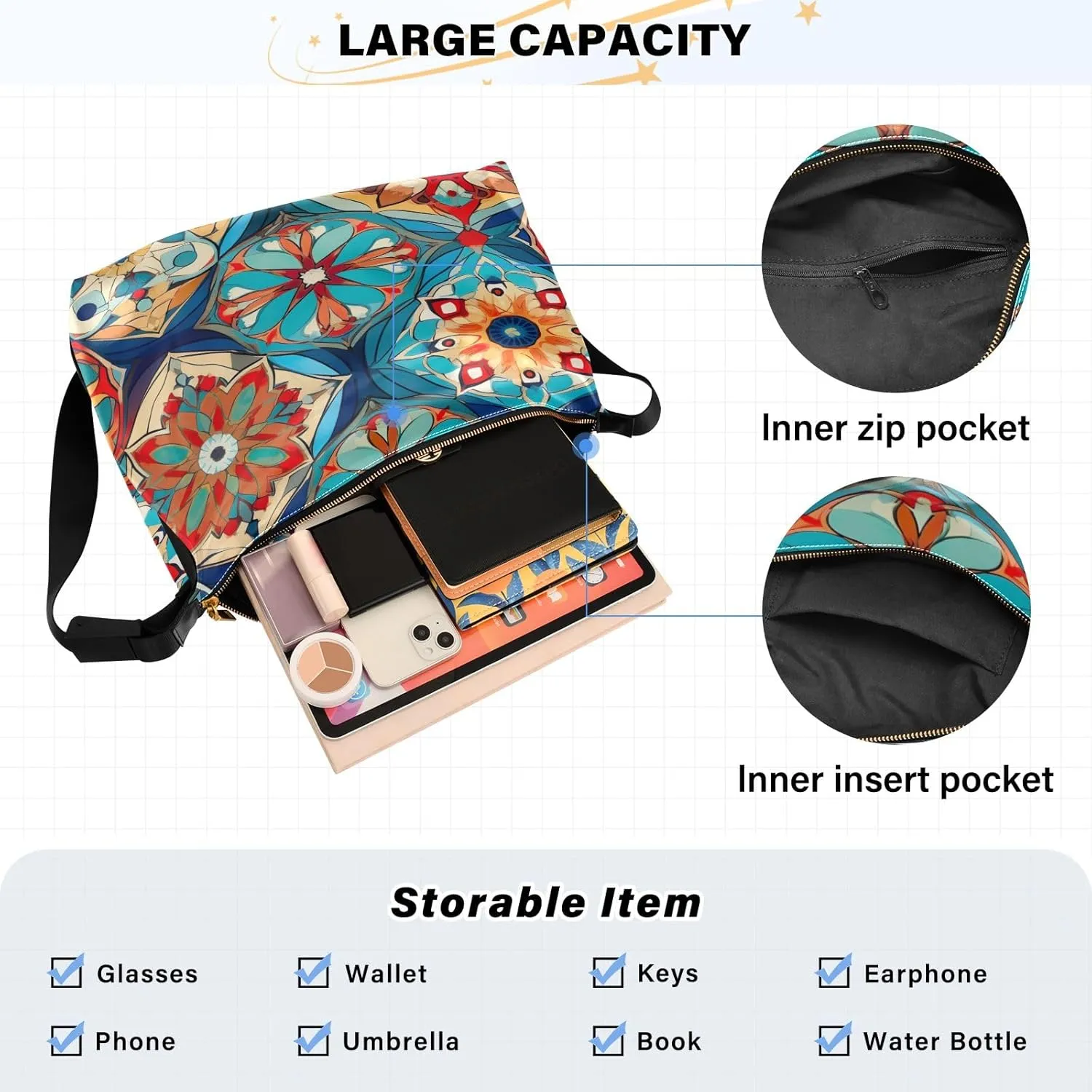 Colorful Geometrical Ornament with Stylized Large Crossbody Bag, Wide Strap Hobo Bag, Large Womens Crossbody Bag