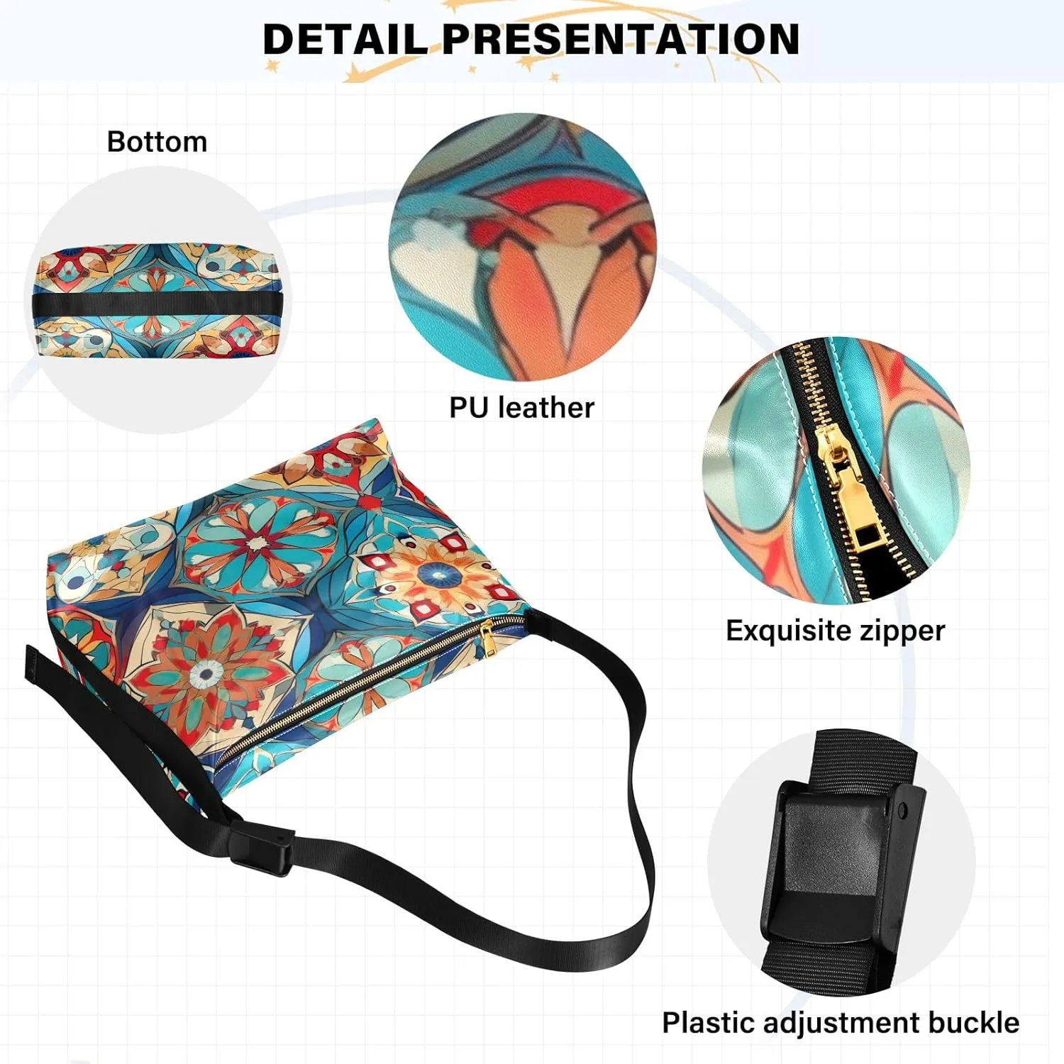 Colorful Geometrical Ornament with Stylized Large Crossbody Bag, Wide Strap Hobo Bag, Large Womens Crossbody Bag