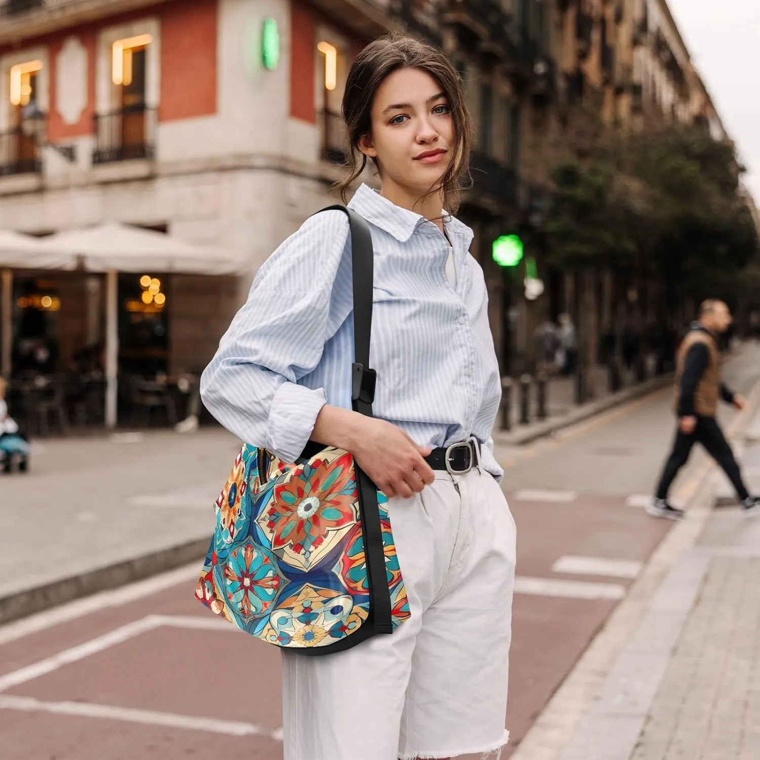 Colorful Geometrical Ornament with Stylized Large Crossbody Bag, Wide Strap Hobo Bag, Large Womens Crossbody Bag