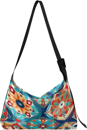 Colorful Geometrical Ornament with Stylized Large Crossbody Bag, Wide Strap Hobo Bag, Large Womens Crossbody Bag