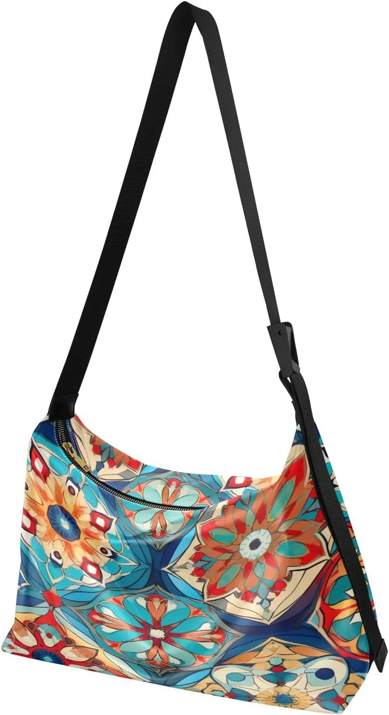 Colorful Geometrical Ornament with Stylized Large Crossbody Bag, Wide Strap Hobo Bag, Large Womens Crossbody Bag