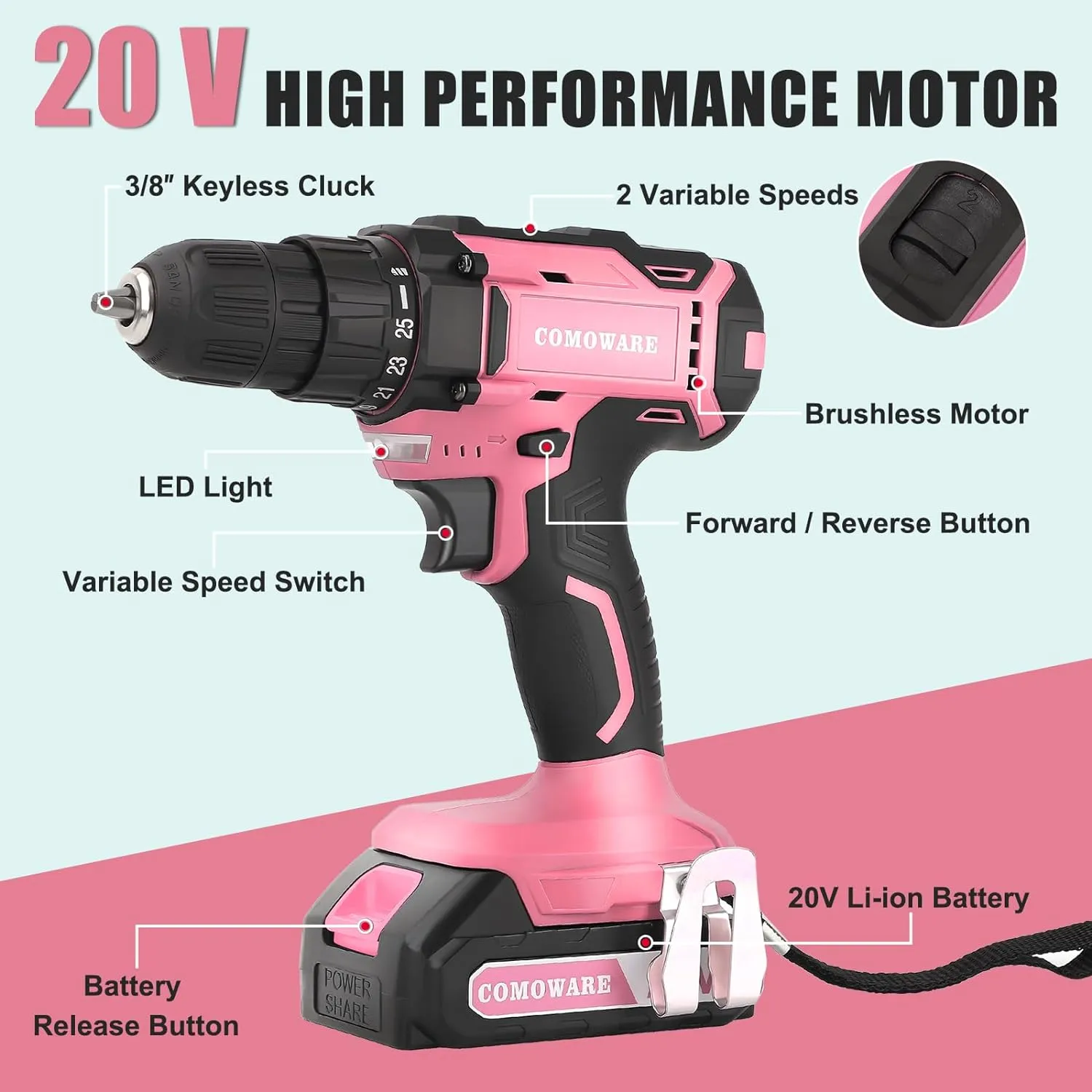 COMOWARE Cordless Drill Set, 20V Power Drill, Pink Drill Set for Women, 1 Battery & Charger, 3/8" Keyless Chuck, 2 Variable Speed, 266 In-lb Torque, 25 1 Position, with Pink Storage Bag