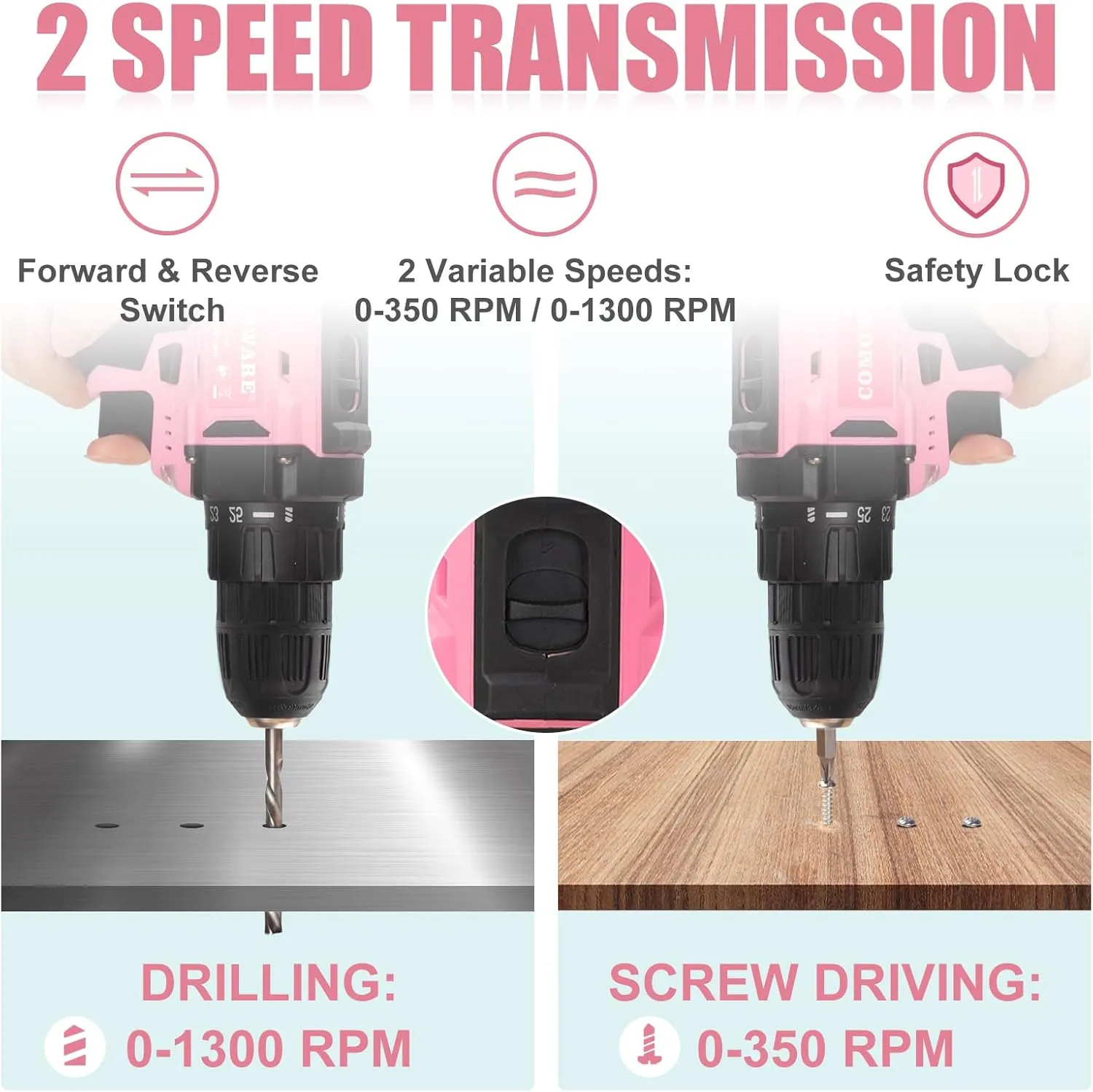 COMOWARE Cordless Drill Set, 20V Power Drill, Pink Drill Set for Women, 1 Battery & Charger, 3/8" Keyless Chuck, 2 Variable Speed, 266 In-lb Torque, 25 1 Position, with Pink Storage Bag