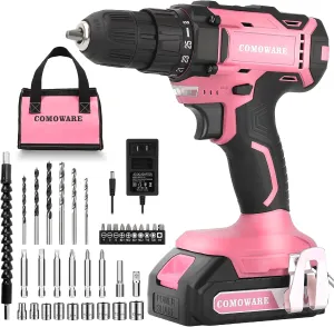 COMOWARE Cordless Drill Set, 20V Power Drill, Pink Drill Set for Women, 1 Battery & Charger, 3/8" Keyless Chuck, 2 Variable Speed, 266 In-lb Torque, 25 1 Position, with Pink Storage Bag