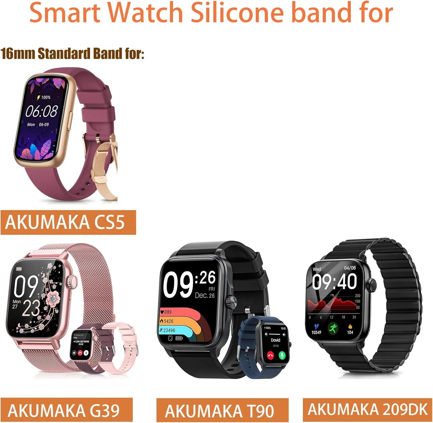 Compatible with AKUMAKA Smart Watch Bands, 16mm, 22mm Elastic Silicone Hollowed Out Replacement Straps Compatible with AKUMAKA CS5 1.47 Inches Fitness Tracker, G39, T90, 209DK Smart Watch