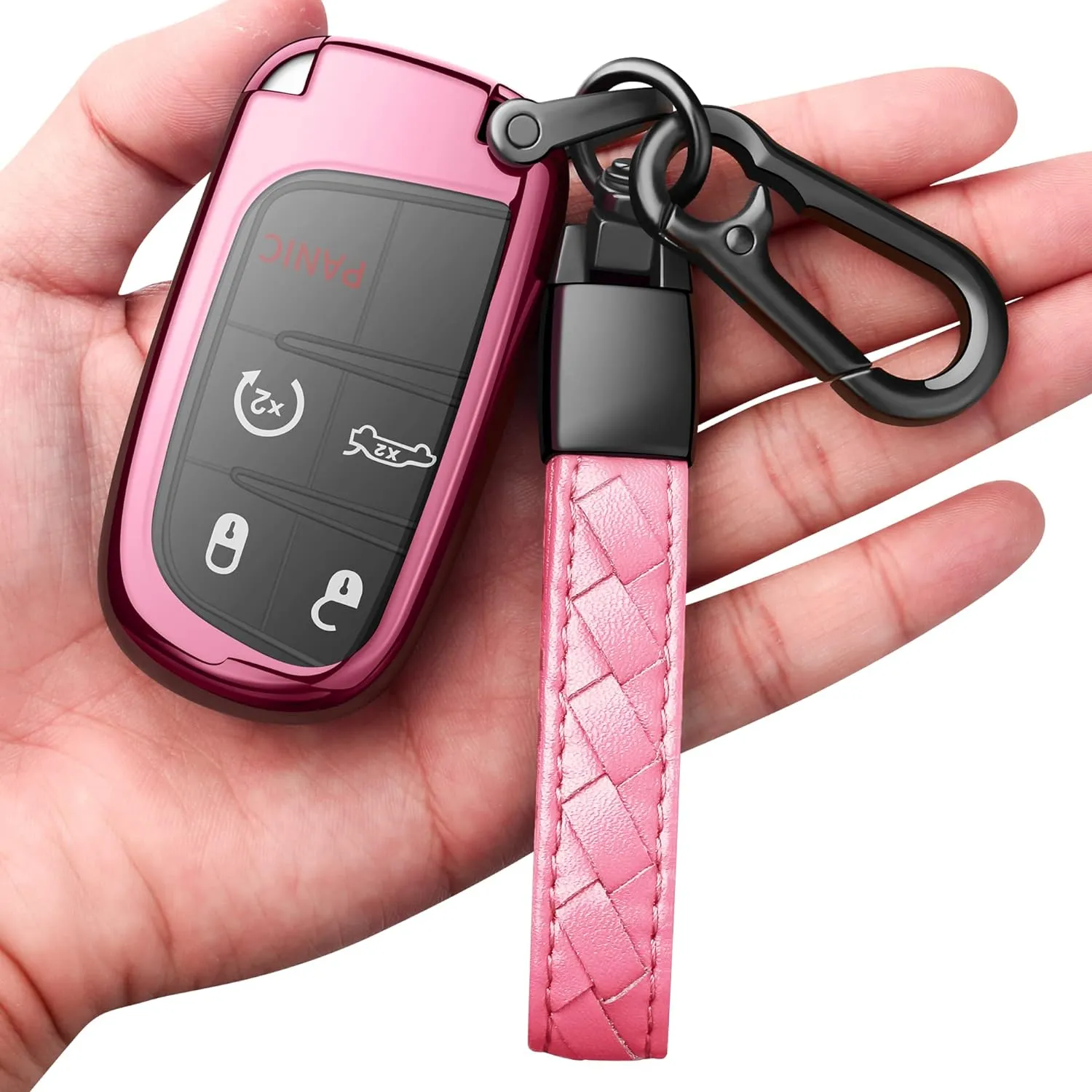 Compatible with Jeep Key Fob Cover with Leather Keychain Soft TPU Protection Key Case for Grand Cherokee Renegade Chrysler 200 300 Dodge RAM Durango Challenger Journey Dart Fiat Smart Key Pink