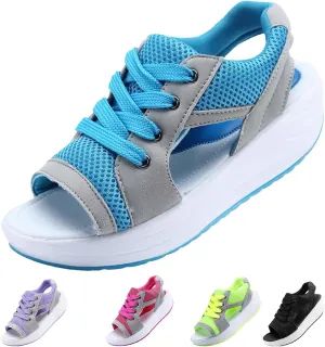 Contrast Paneled Cutout Lace-Up Muffin Sandals for Women, Causal Summer Tennis Shoes Open Toe Platform Sneaker
