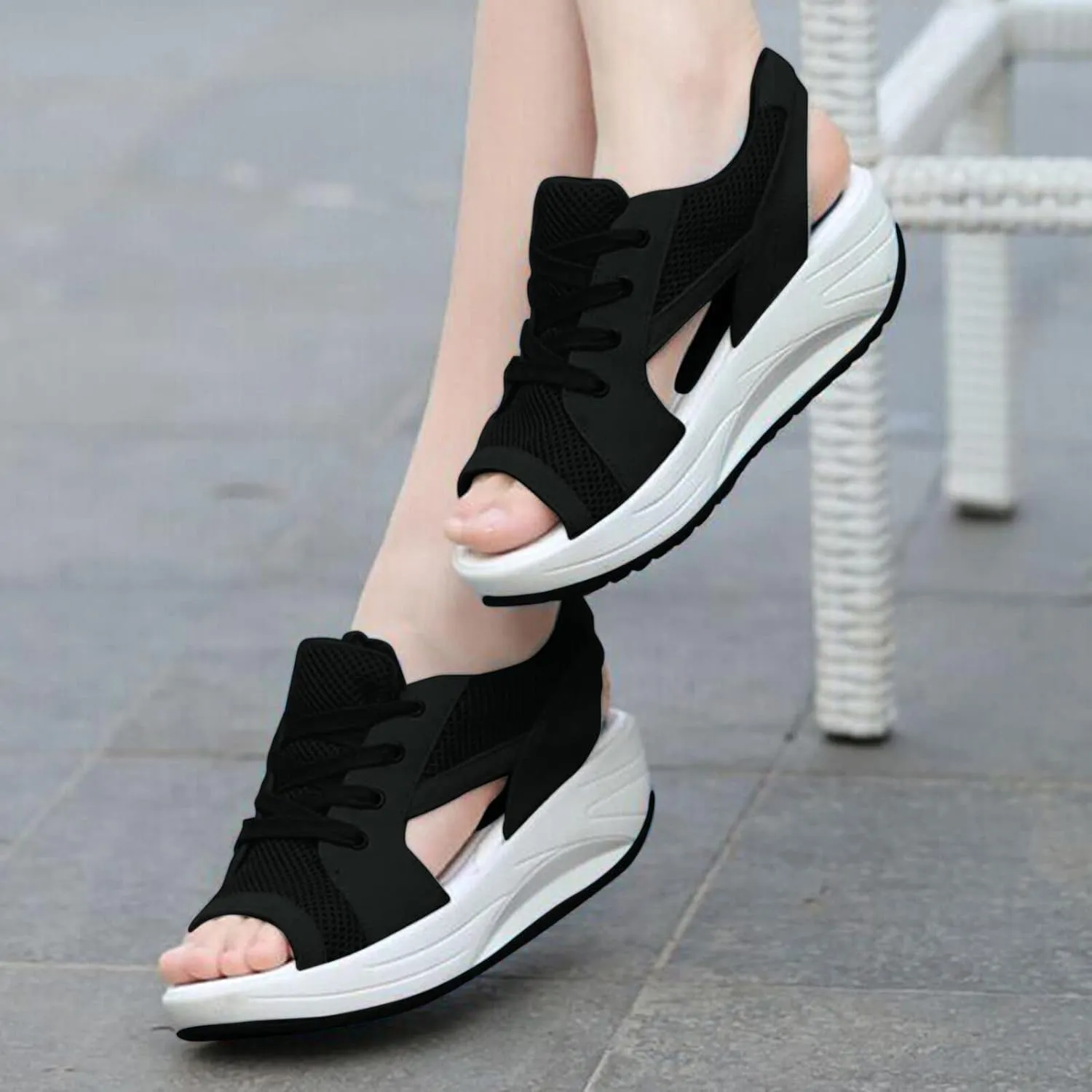 Contrast Paneled Cutout Lace-Up Muffin Sandals - Sandals for Women Summer Peep Toe Sandals Shoes Wedges