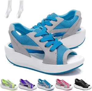 Contrast Paneled Cutout Lace-Up Muffin Sandals, Summer Womens Platform Wedges Peep Toe Shoes