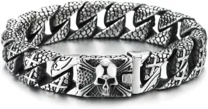 COOLSTEELANDBEYOND Cross Charms Snake Skin Pattern Curb Chain Mens Large Steel Bracelet with Pirate Skulls Clasp