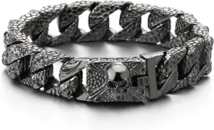 COOLSTEELANDBEYOND Shinny Grey Black Skull Charm Snake Skin Pattern Curb Chain Large Steel Bracelet Pirate Skulls Clasp
