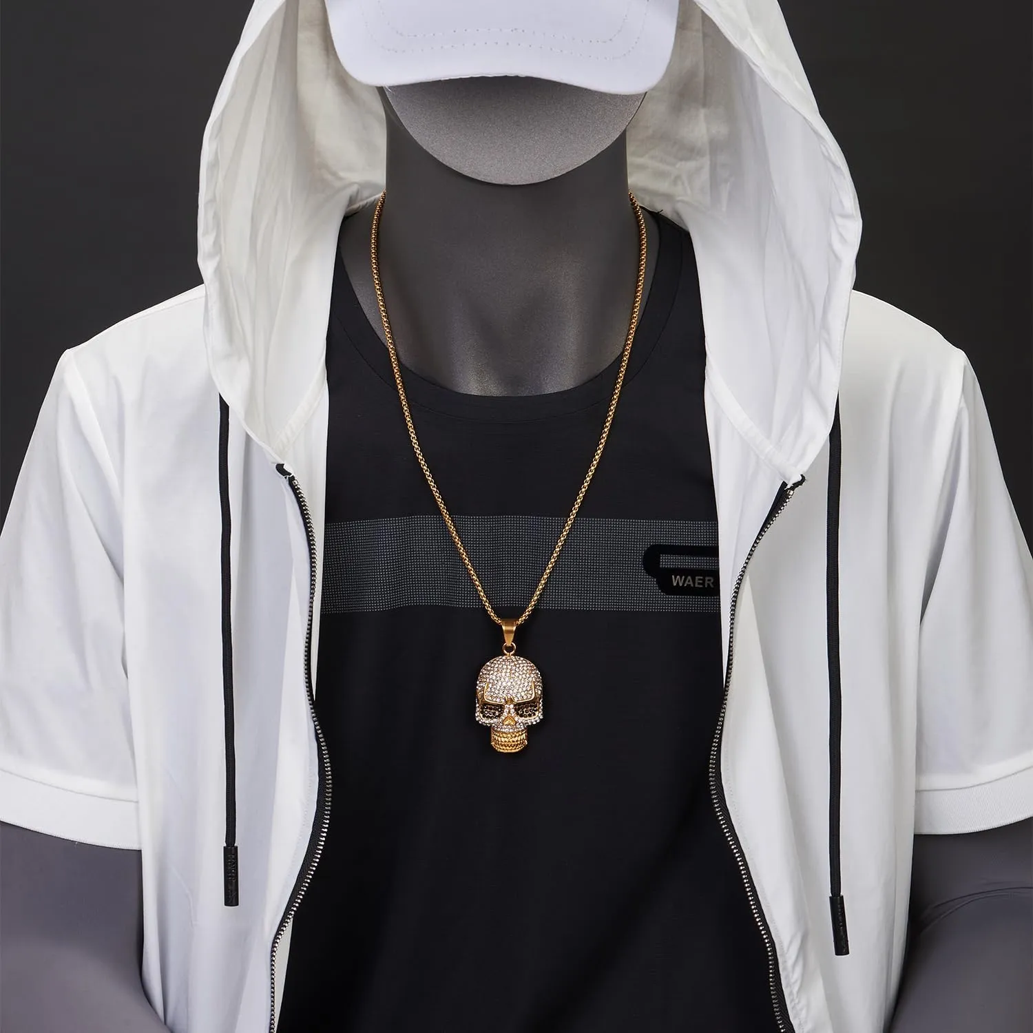 COOLSTEELANDBEYOND Steel Large Sugar Skull Pendant Necklace for Men Women with Cubic Zirconia and Wheat Chain