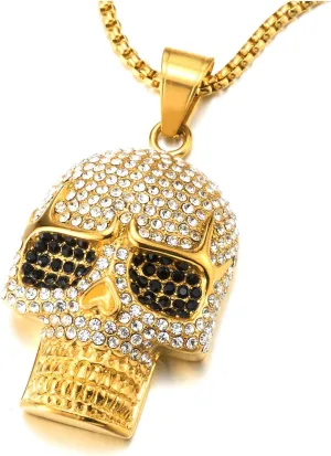 COOLSTEELANDBEYOND Steel Large Sugar Skull Pendant Necklace for Men Women with Cubic Zirconia and Wheat Chain
