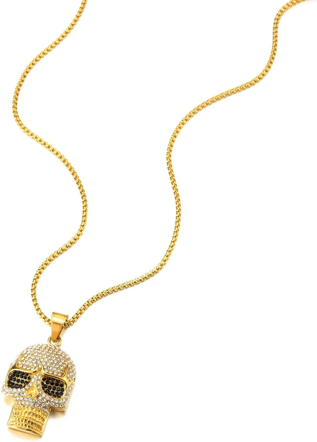 COOLSTEELANDBEYOND Steel Large Sugar Skull Pendant Necklace for Men Women with Cubic Zirconia and Wheat Chain