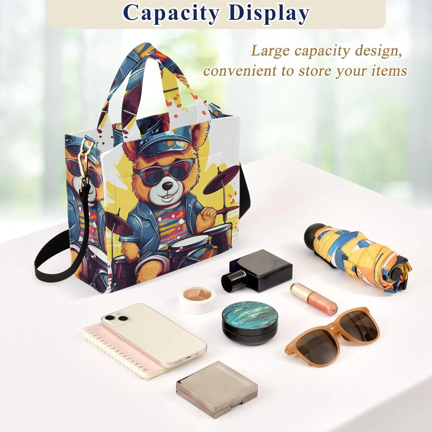 Corduroy Tote Bag Cartoon Bear Playing Drum Set with Glasses Women Crossbody Bag