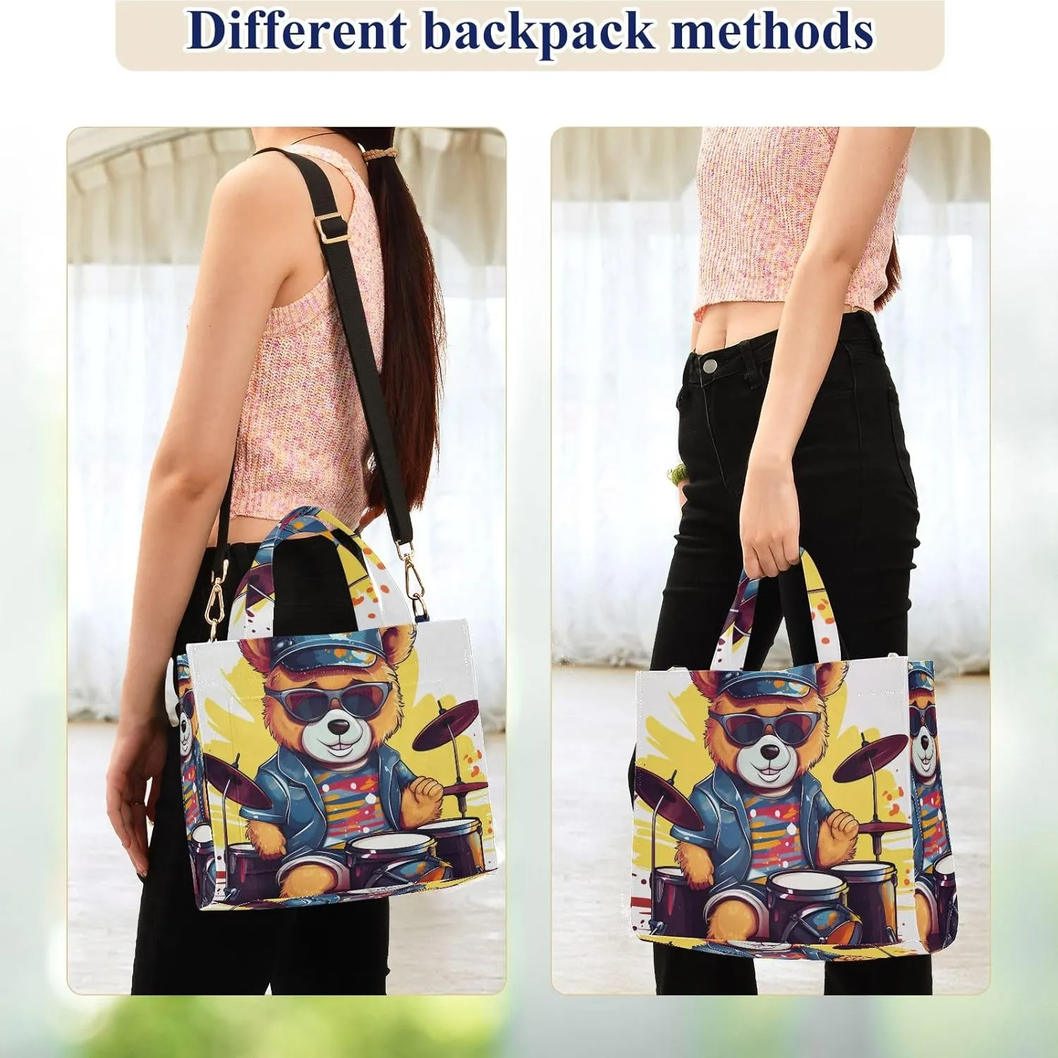 Corduroy Tote Bag Cartoon Bear Playing Drum Set with Glasses Women Crossbody Bag