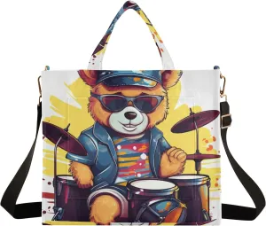 Corduroy Tote Bag Cartoon Bear Playing Drum Set with Glasses Women Crossbody Bag