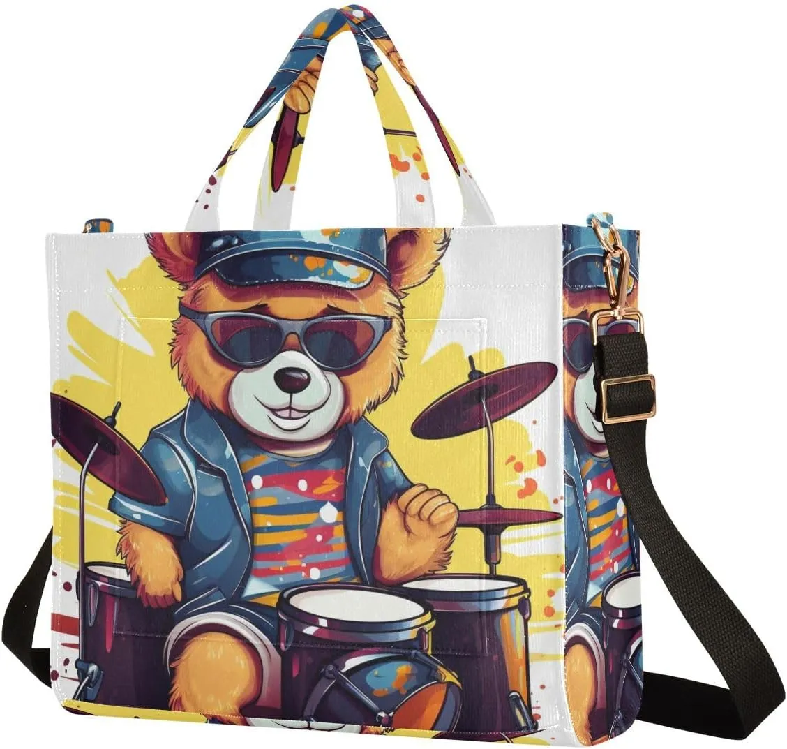 Corduroy Tote Bag Cartoon Bear Playing Drum Set with Glasses Women Crossbody Bag