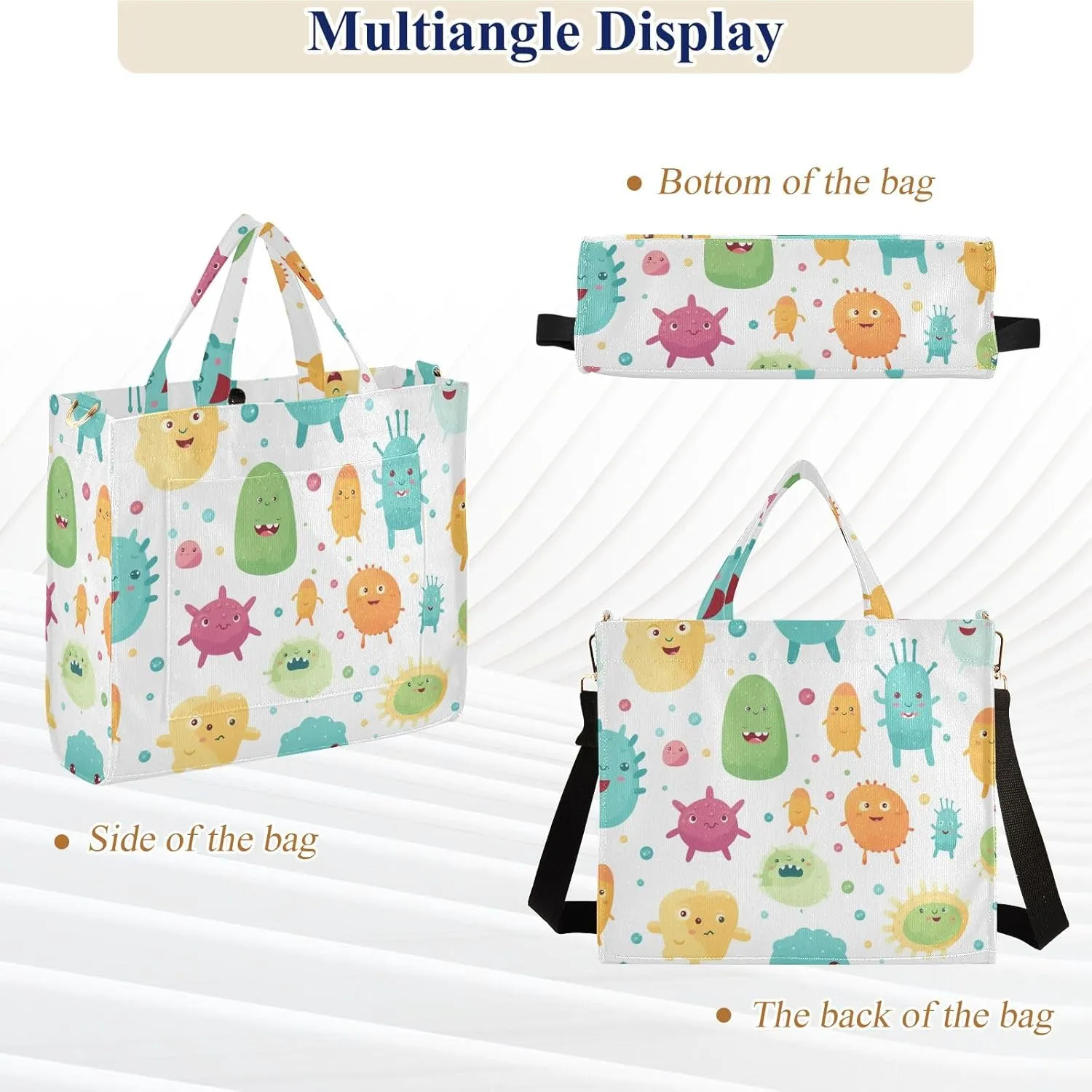 Corduroy Tote Bag Cartoon Colorful Bacterial Women Crossbody Bag with Detachable and Adjustable Shoulder Strap