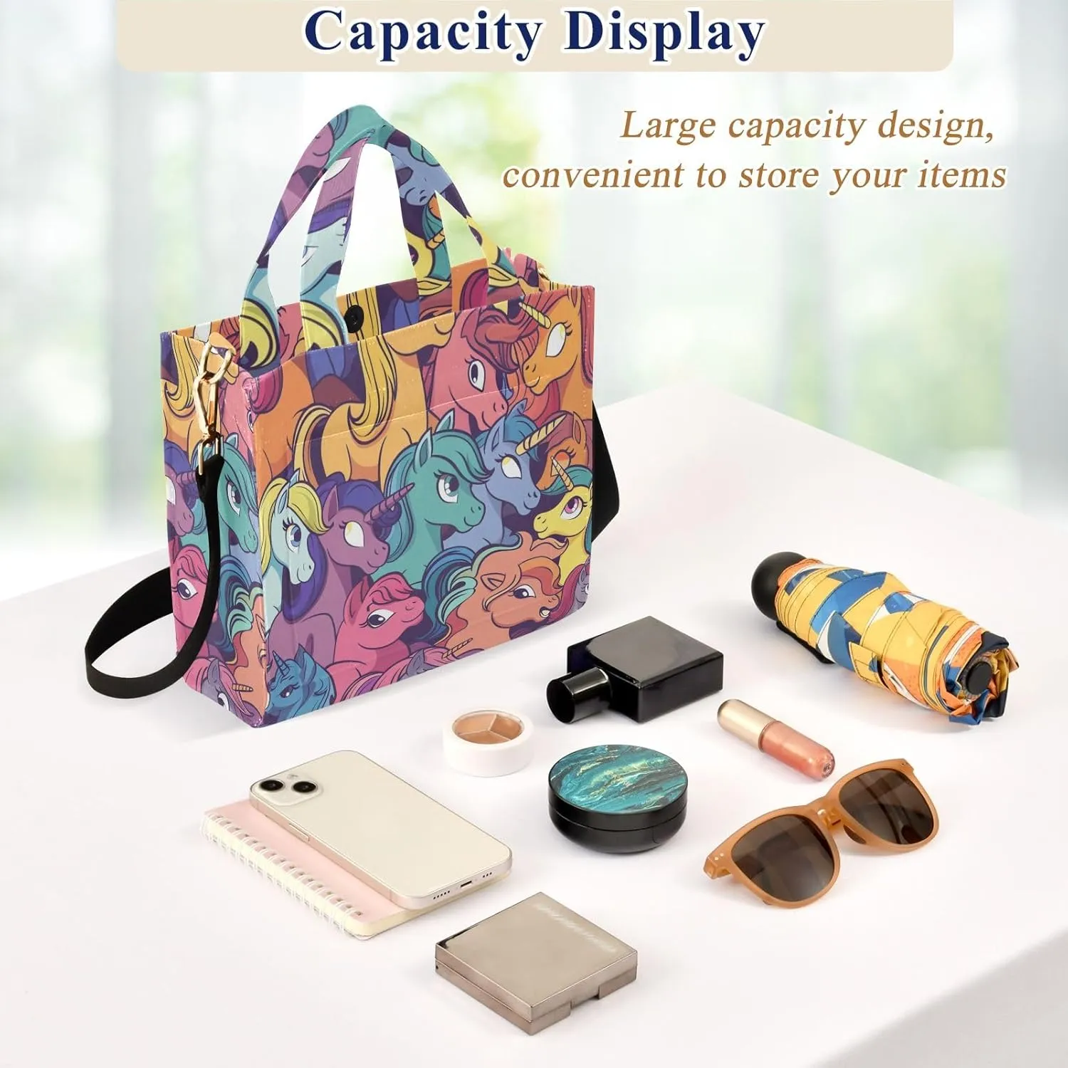 Corduroy Tote Bag Cartoon Colorful Ponies Women Crossbody Bag with Detachable and Adjustable Shoulder Strap