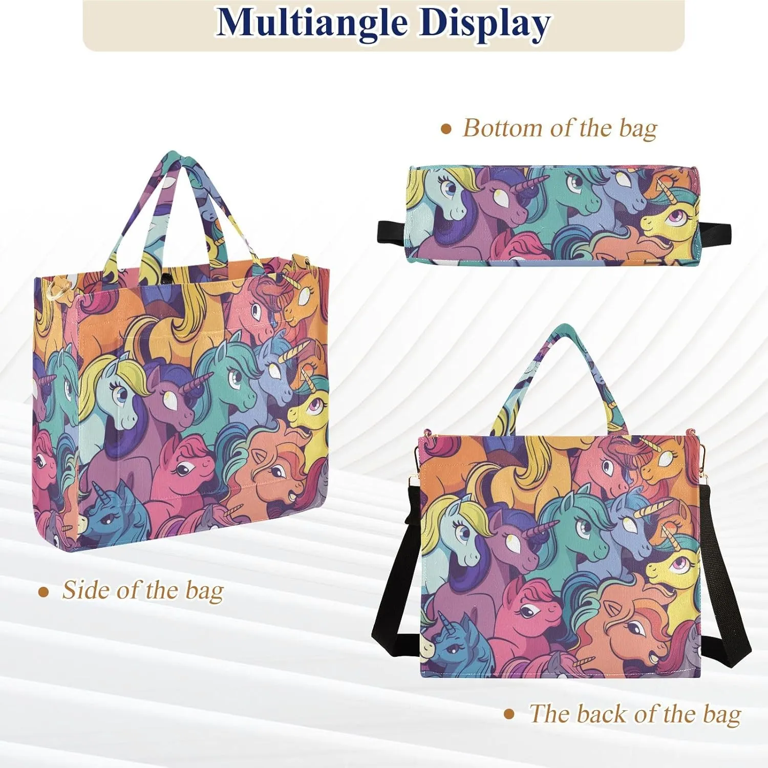 Corduroy Tote Bag Cartoon Colorful Ponies Women Crossbody Bag with Detachable and Adjustable Shoulder Strap