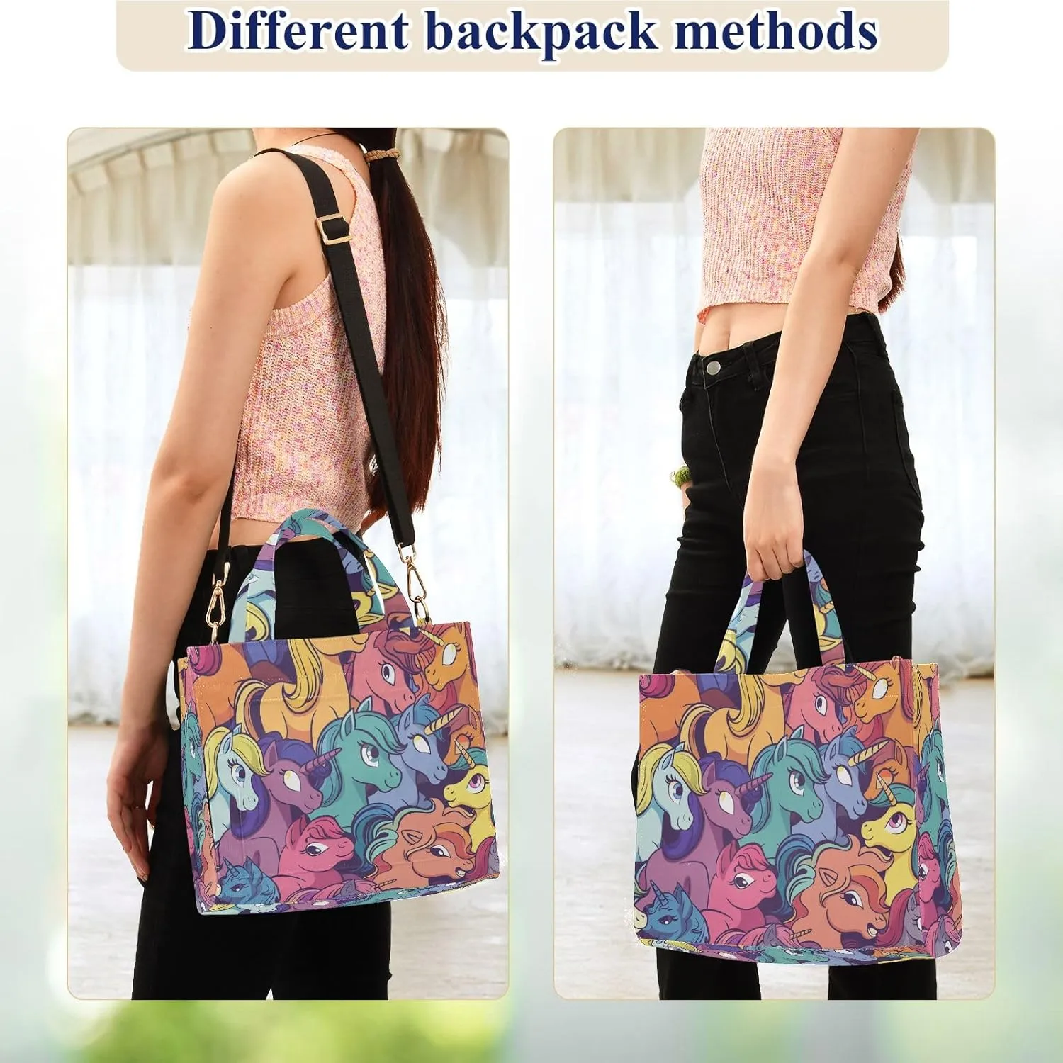 Corduroy Tote Bag Cartoon Colorful Ponies Women Crossbody Bag with Detachable and Adjustable Shoulder Strap