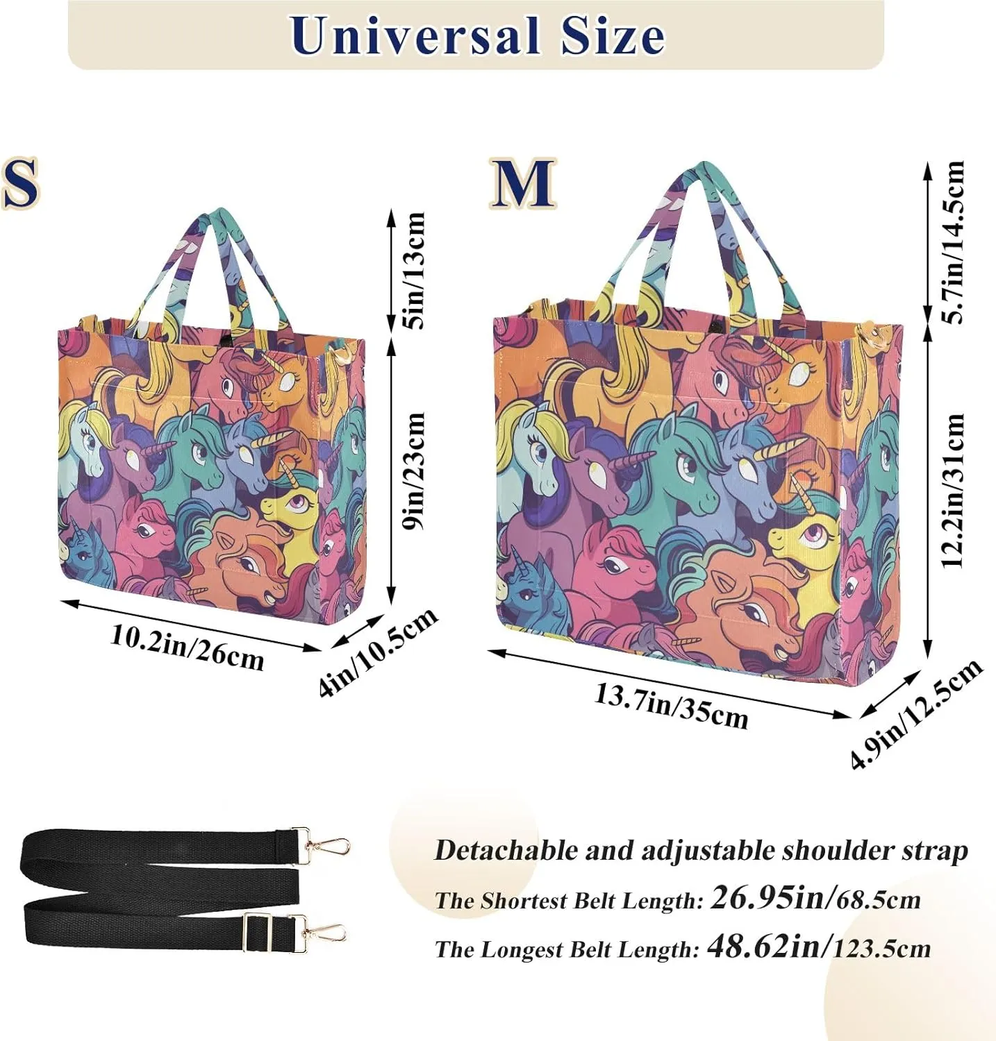 Corduroy Tote Bag Cartoon Colorful Ponies Women Crossbody Bag with Detachable and Adjustable Shoulder Strap