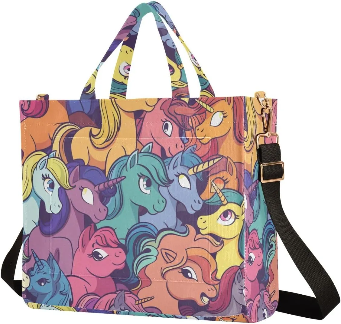 Corduroy Tote Bag Cartoon Colorful Ponies Women Crossbody Bag with Detachable and Adjustable Shoulder Strap