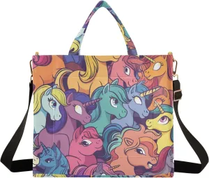 Corduroy Tote Bag Cartoon Colorful Ponies Women Crossbody Bag with Detachable and Adjustable Shoulder Strap