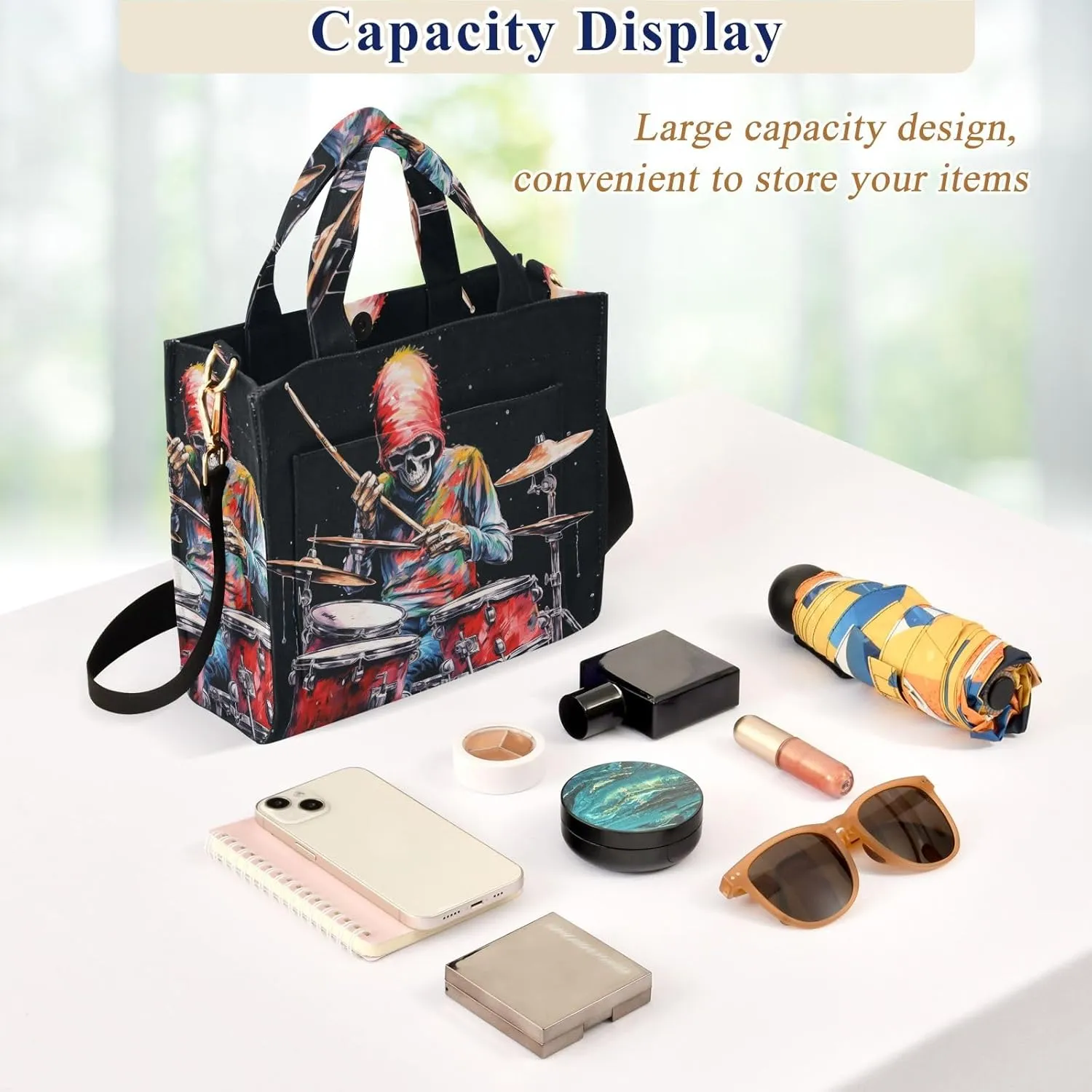 Corduroy Tote Bag Cartoon Human Skeleton Playing Drum Set Women Crossbody Bag